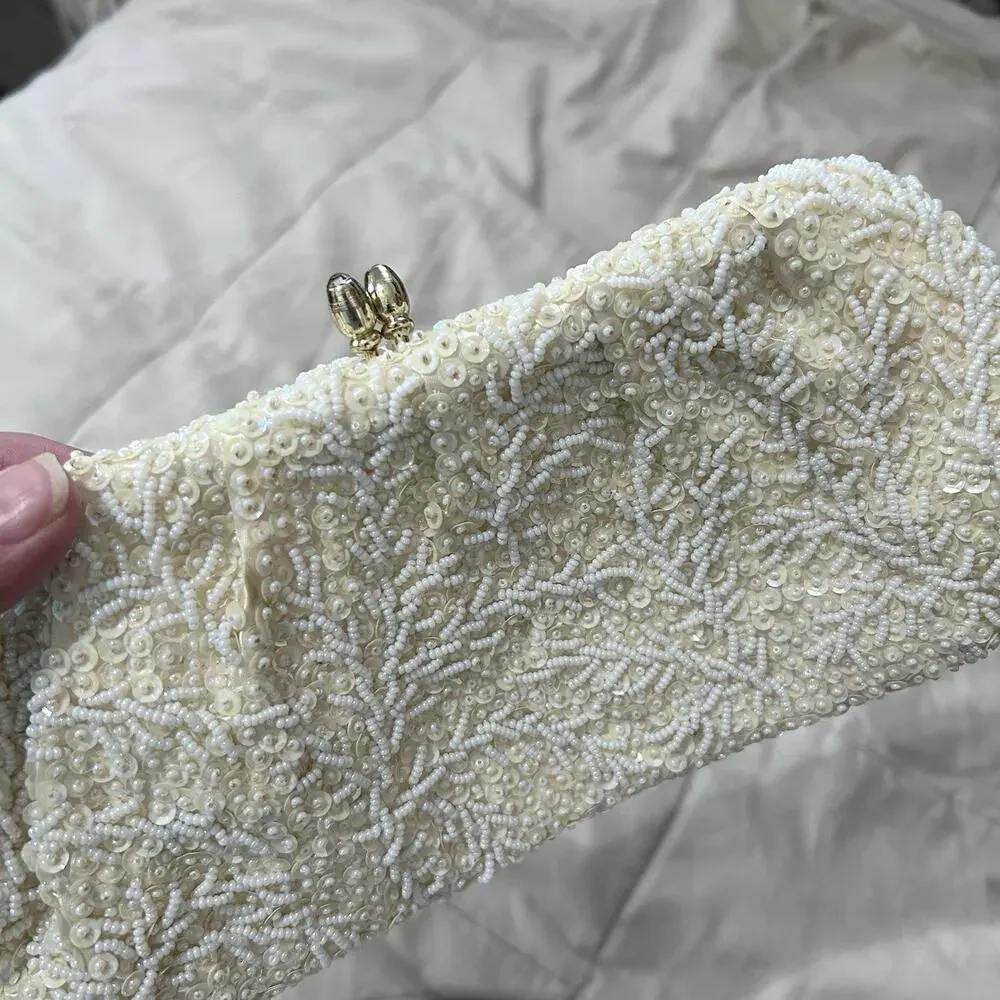 Vintage 50s Hand Beaded Evening Bag Clutch 6 X 10 Made In Hong Kong Wedding Glam